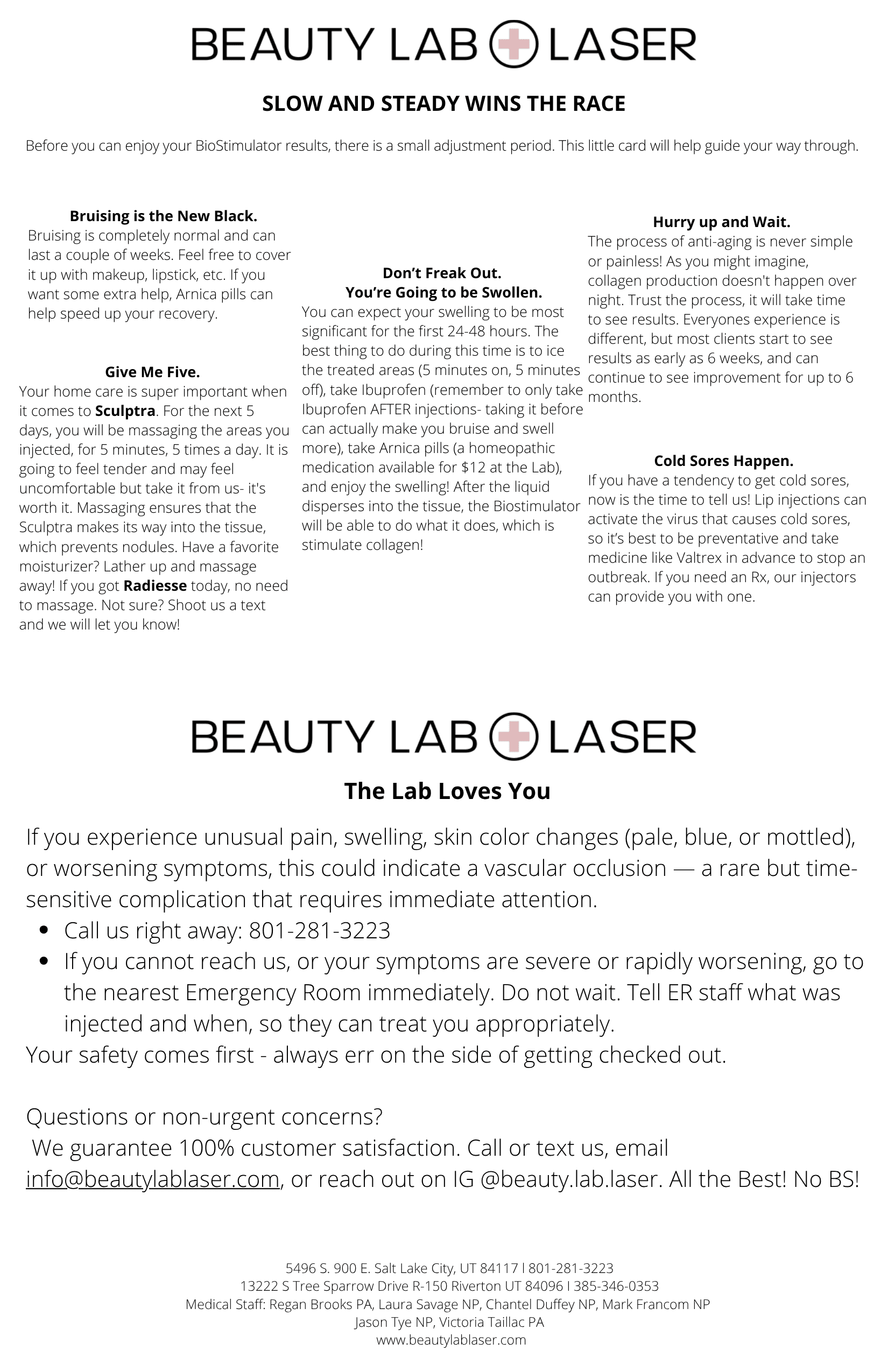 Beauty Lab + Laser Biostimulators post-care combined instruction sheet
