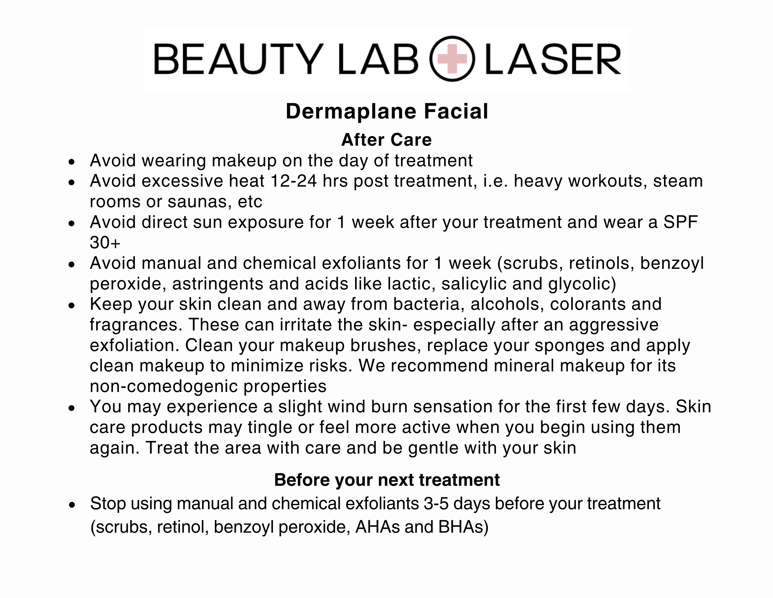 Beauty Lab + Laser Dermaplane Facial after-care instruction sheet