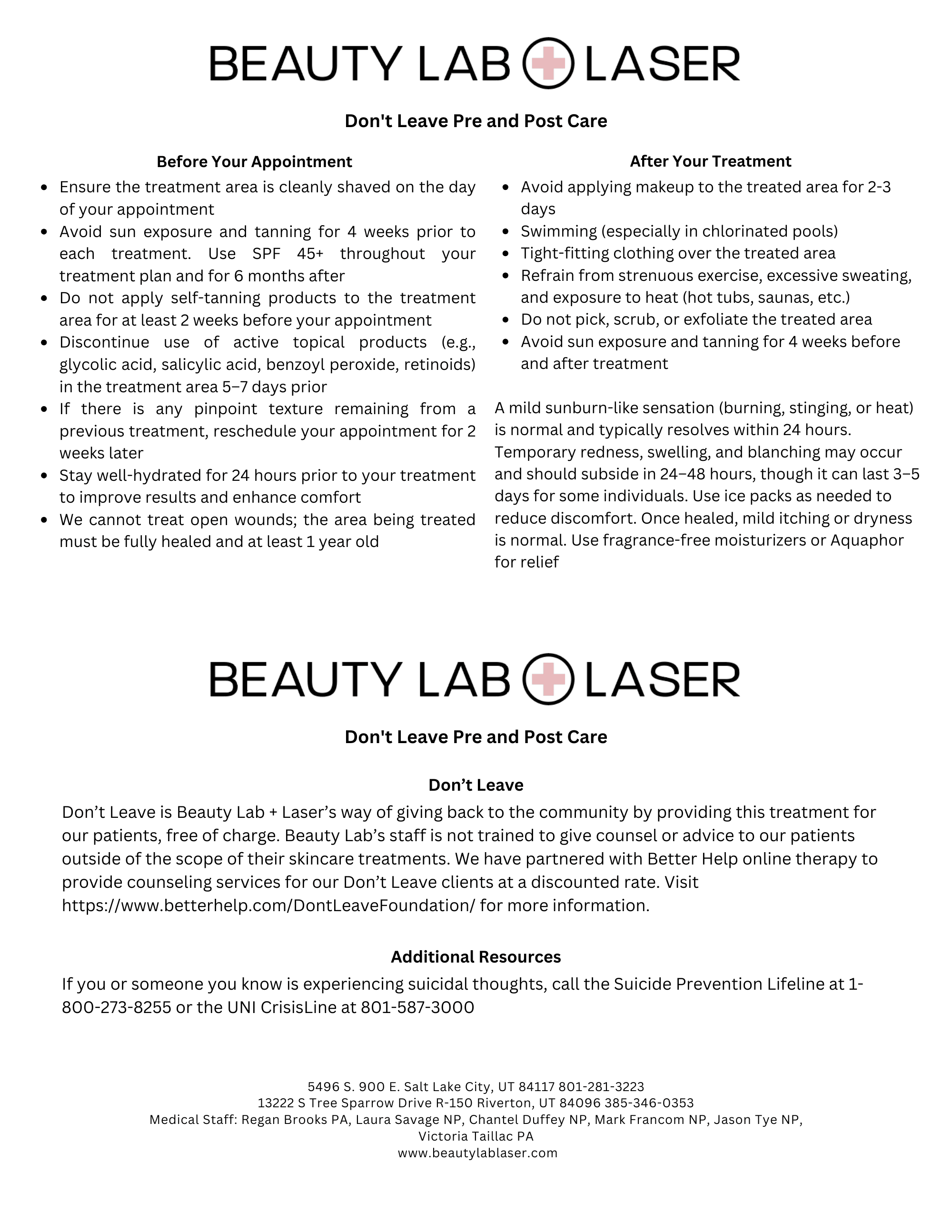 Beauty Lab + Laser Don't Leave pre and post care combined instruction sheet
