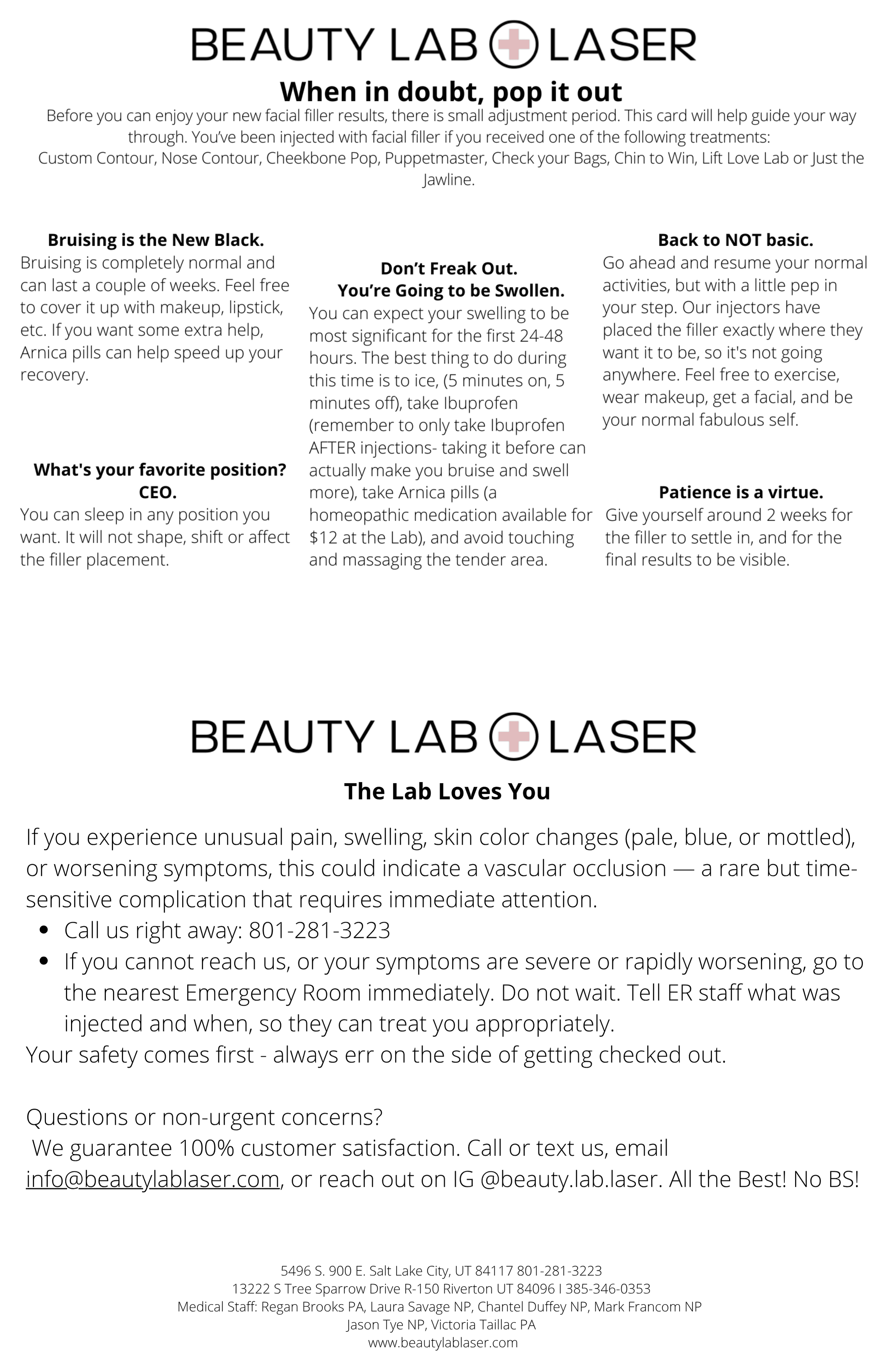 Beauty Lab + Laser Filler post-care combined instruction sheet