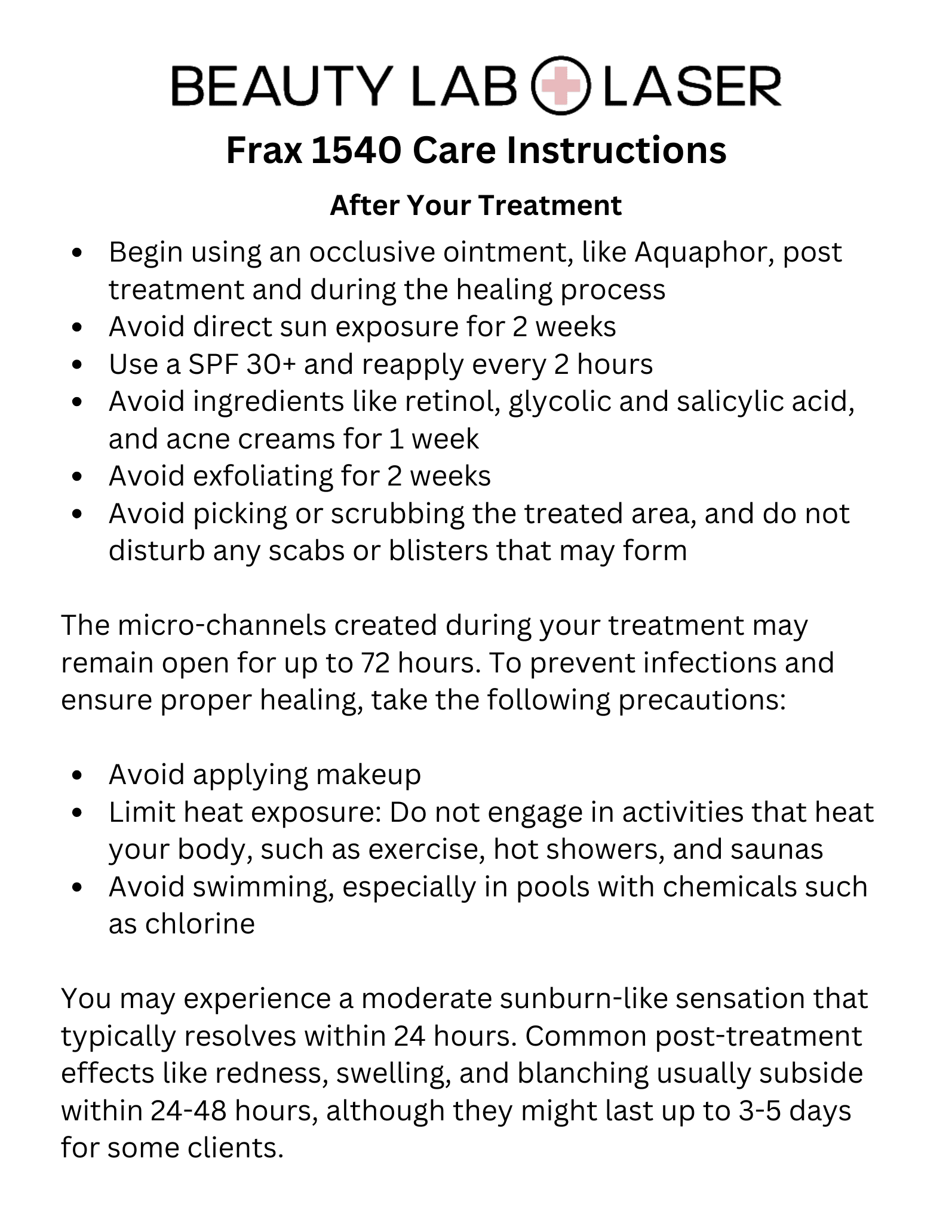 Beauty Lab + Laser Fraxel Laser post-care instruction sheet
