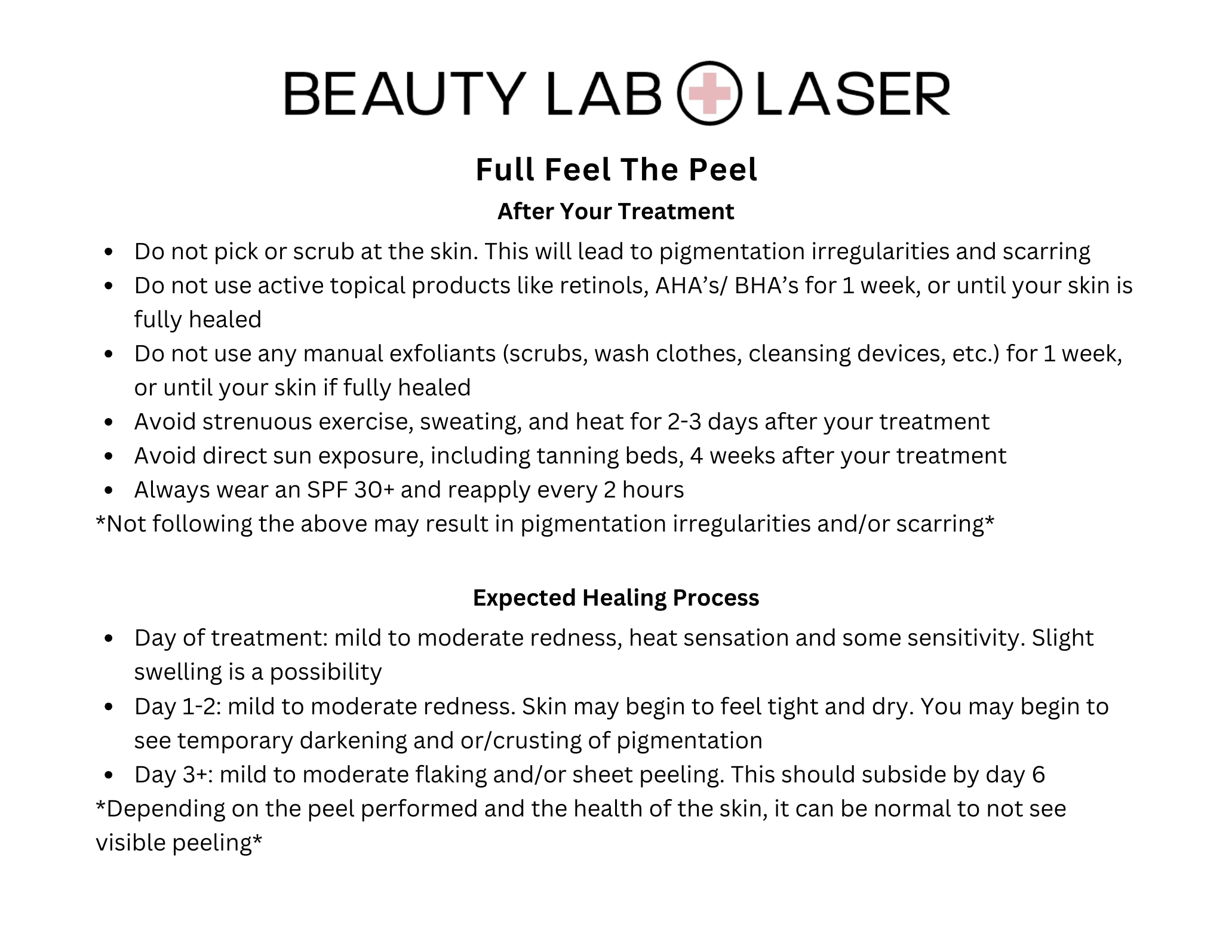 Beauty Lab + Laser Full Feel The Peel After-Care Instructions sheet
