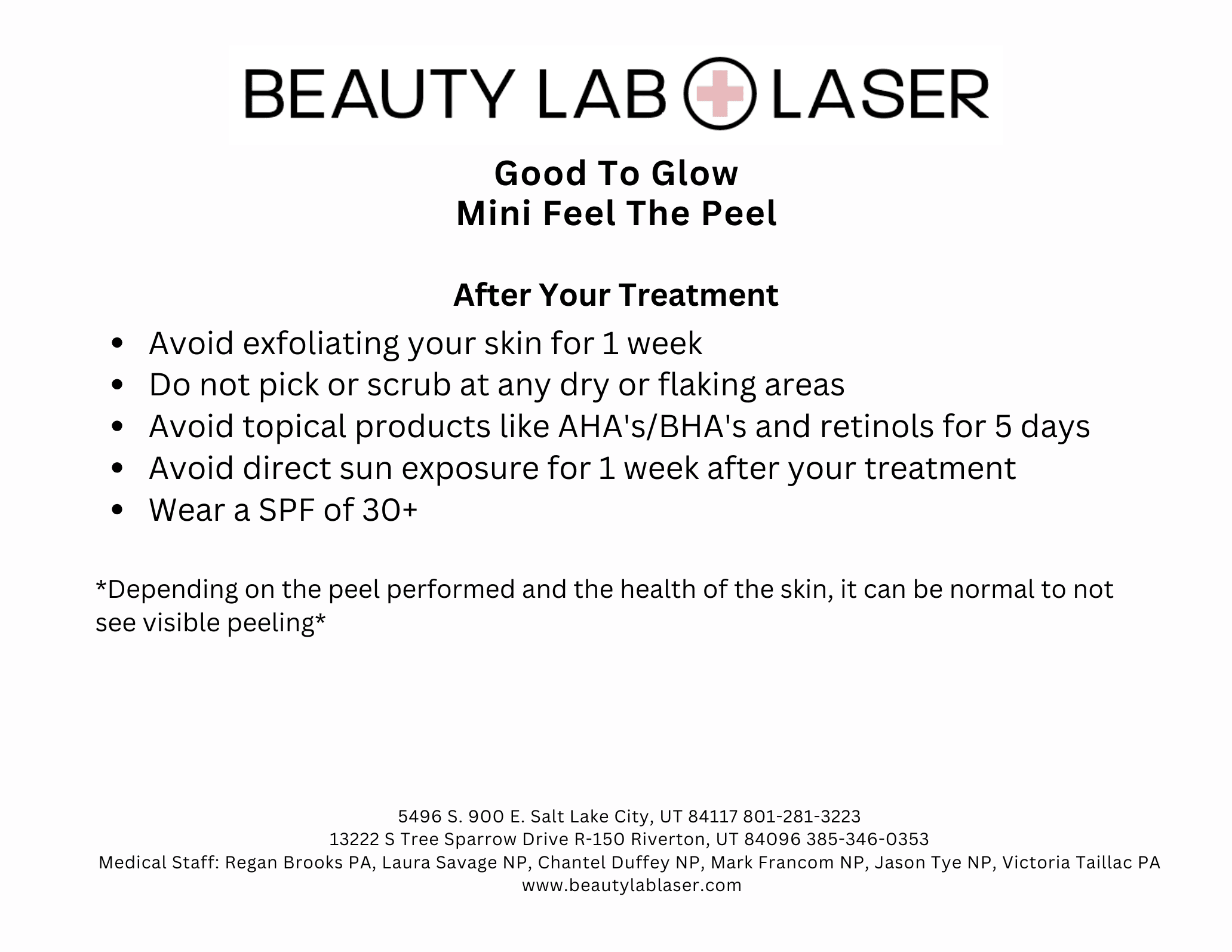 Beauty Lab + Laser Good To Glow Mini Feel The Peel After-Care Instructions sheet