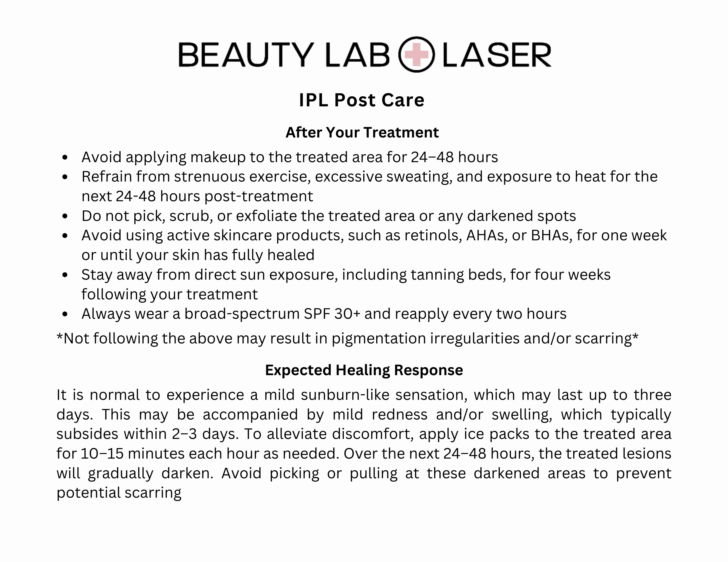Beauty Lab + Laser IPL post-care instruction sheet