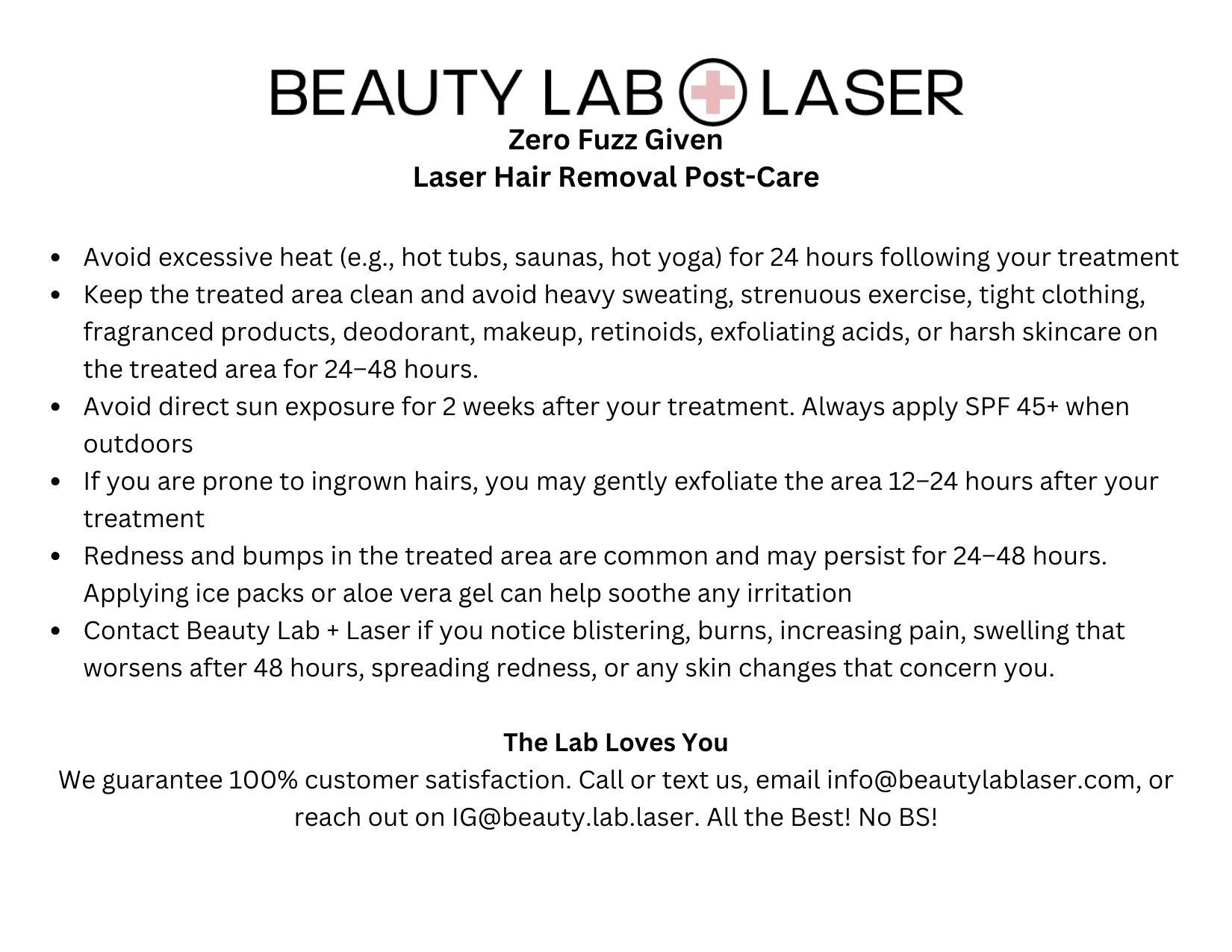 Beauty Lab + Laser Laser Hair Removal post-care instruction sheet