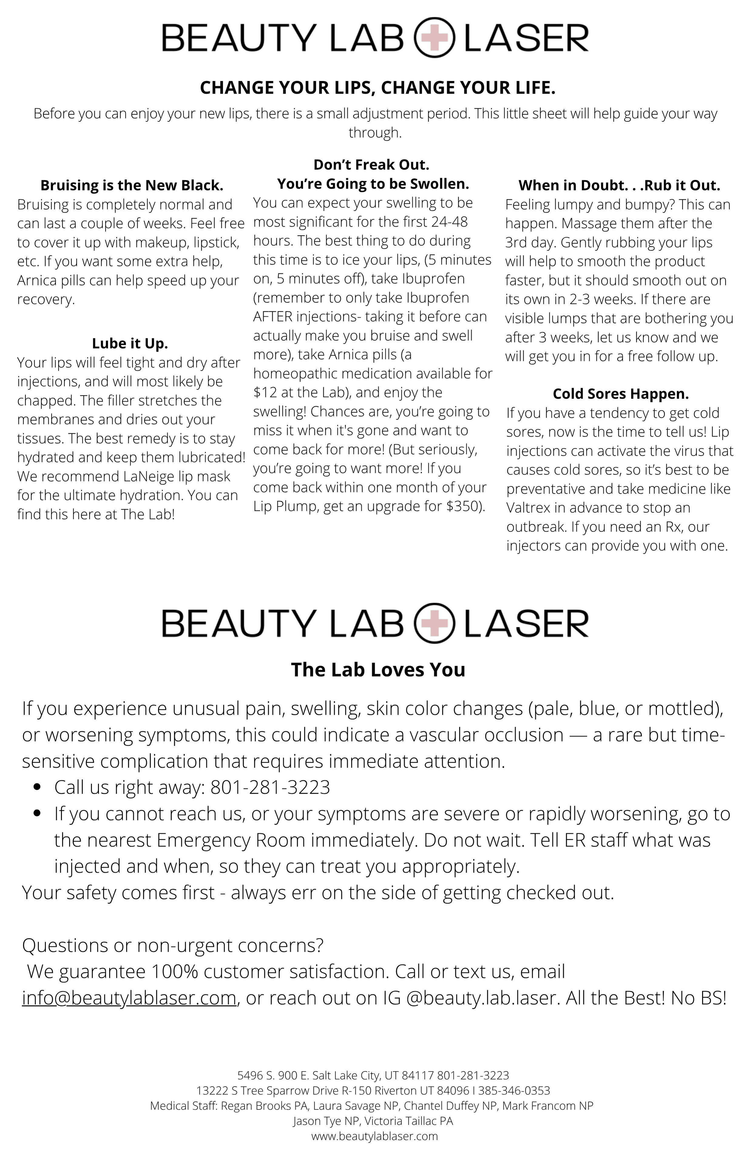 Beauty Lab + Laser Lips post-care combined instruction sheet