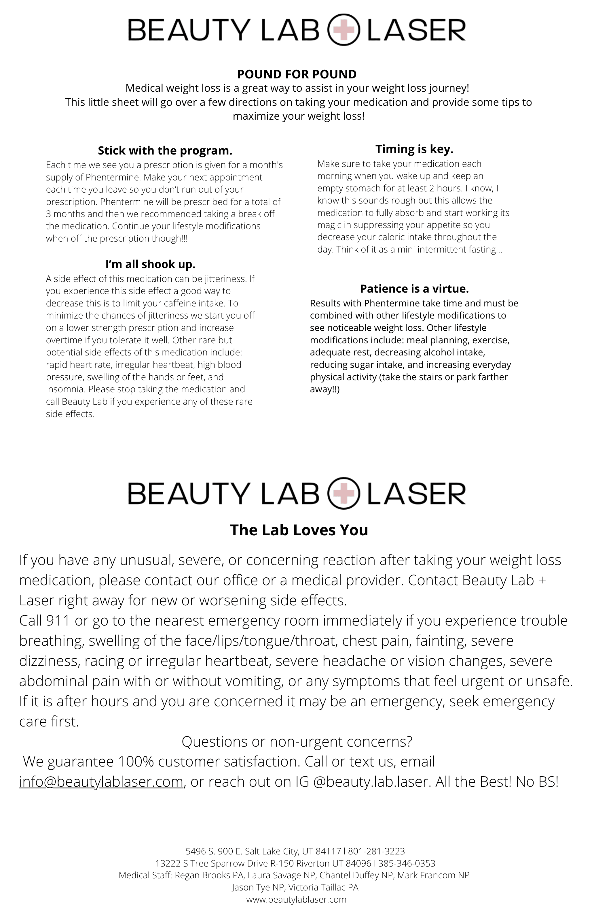 Beauty Lab + Laser Medical Weight Loss post-care combined instruction sheet