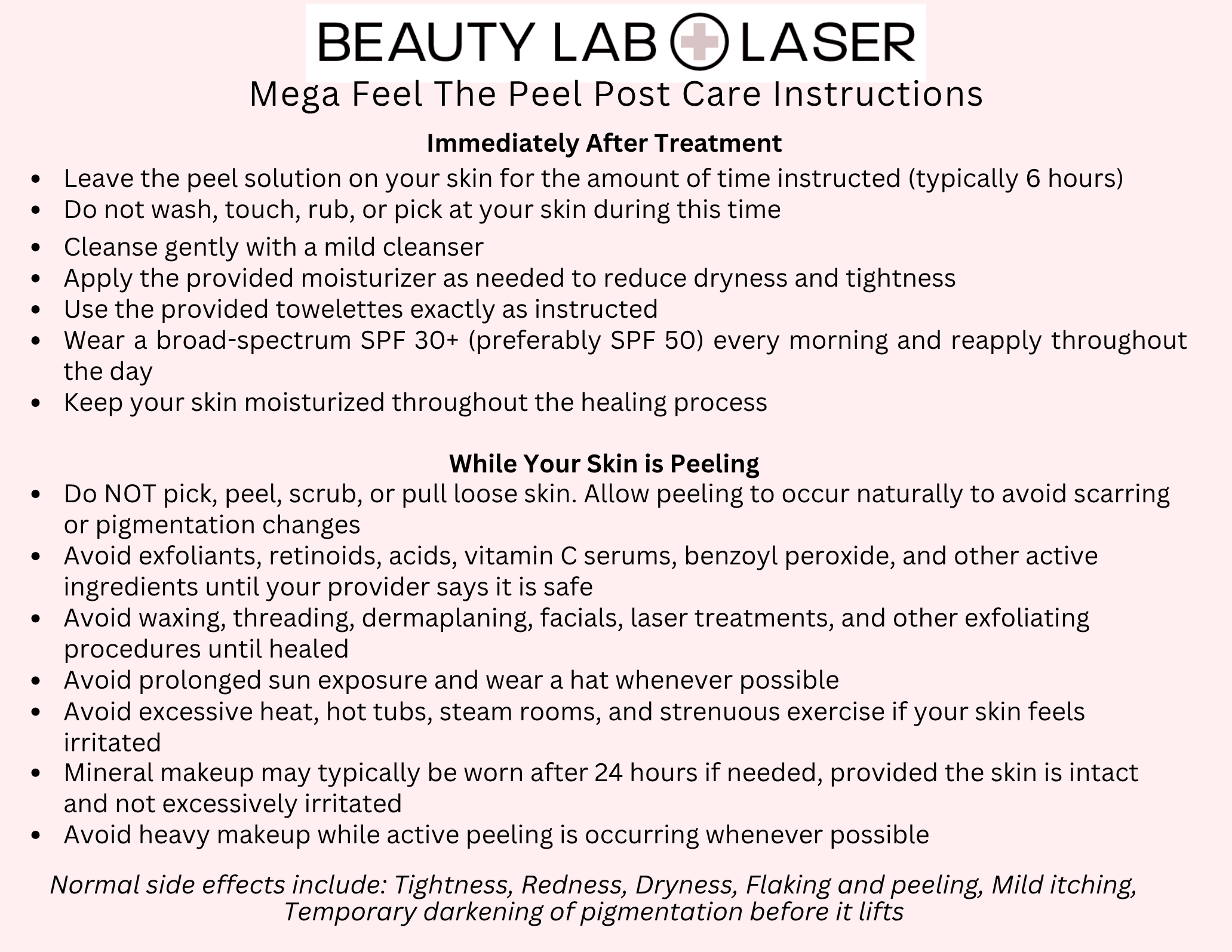 Beauty Lab + Laser Mega Feel The Peel Post-Care Instructions sheet