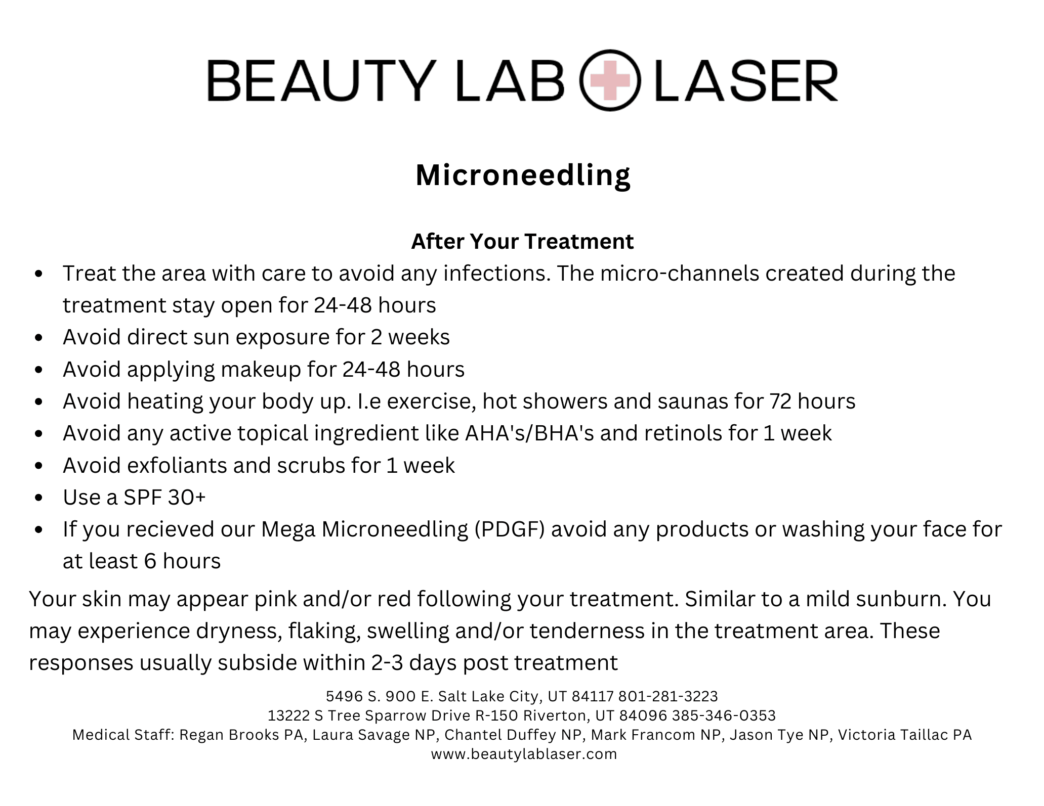 Beauty Lab + Laser Microneedling post-care instruction sheet