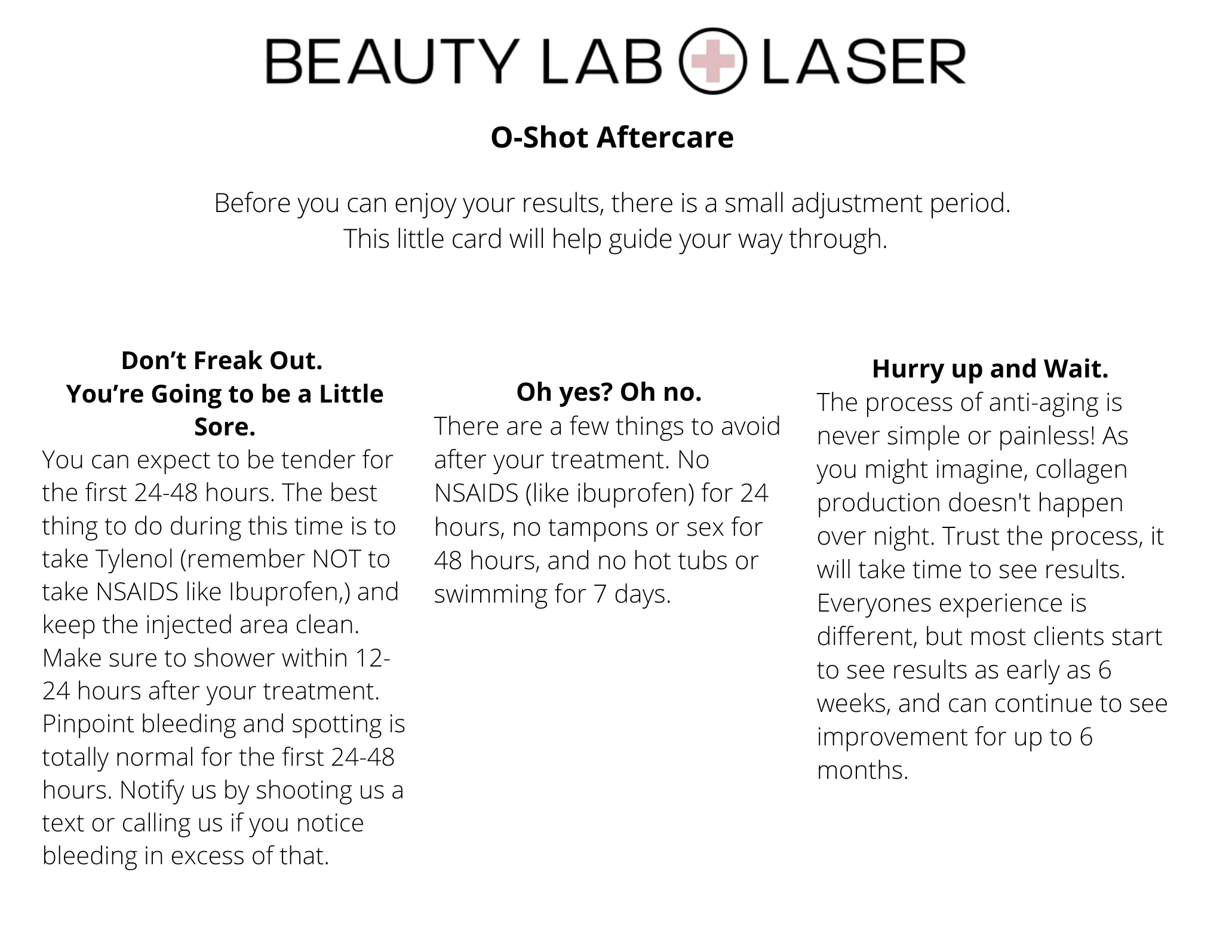Beauty Lab + Laser O-Shot after-care instruction sheet
