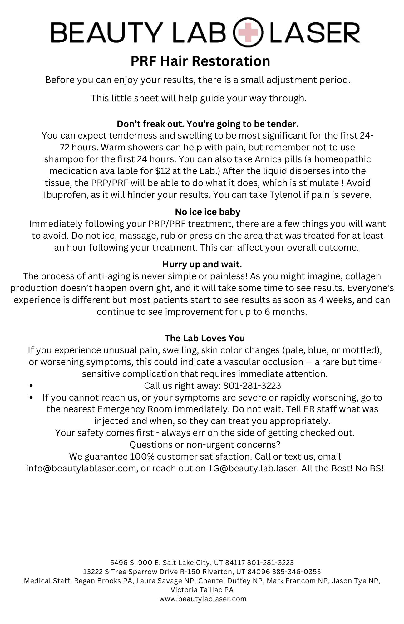 Beauty Lab + Laser PRF Hair Restoration post-care instruction sheet