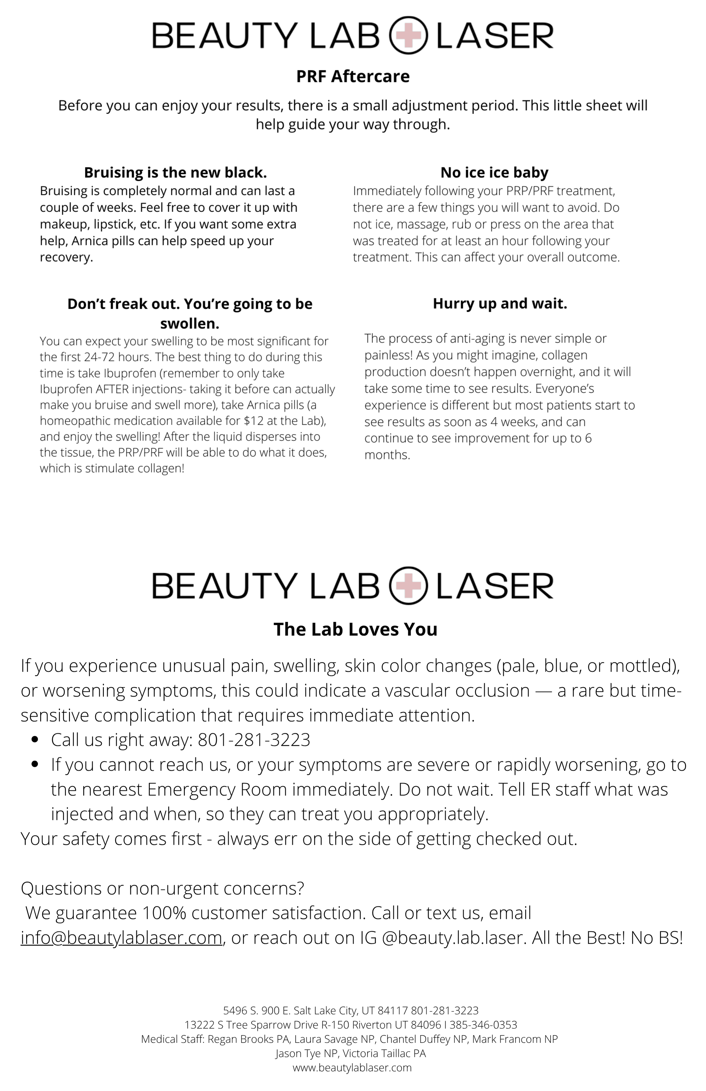 Beauty Lab + Laser PRF post-care combined instruction sheet