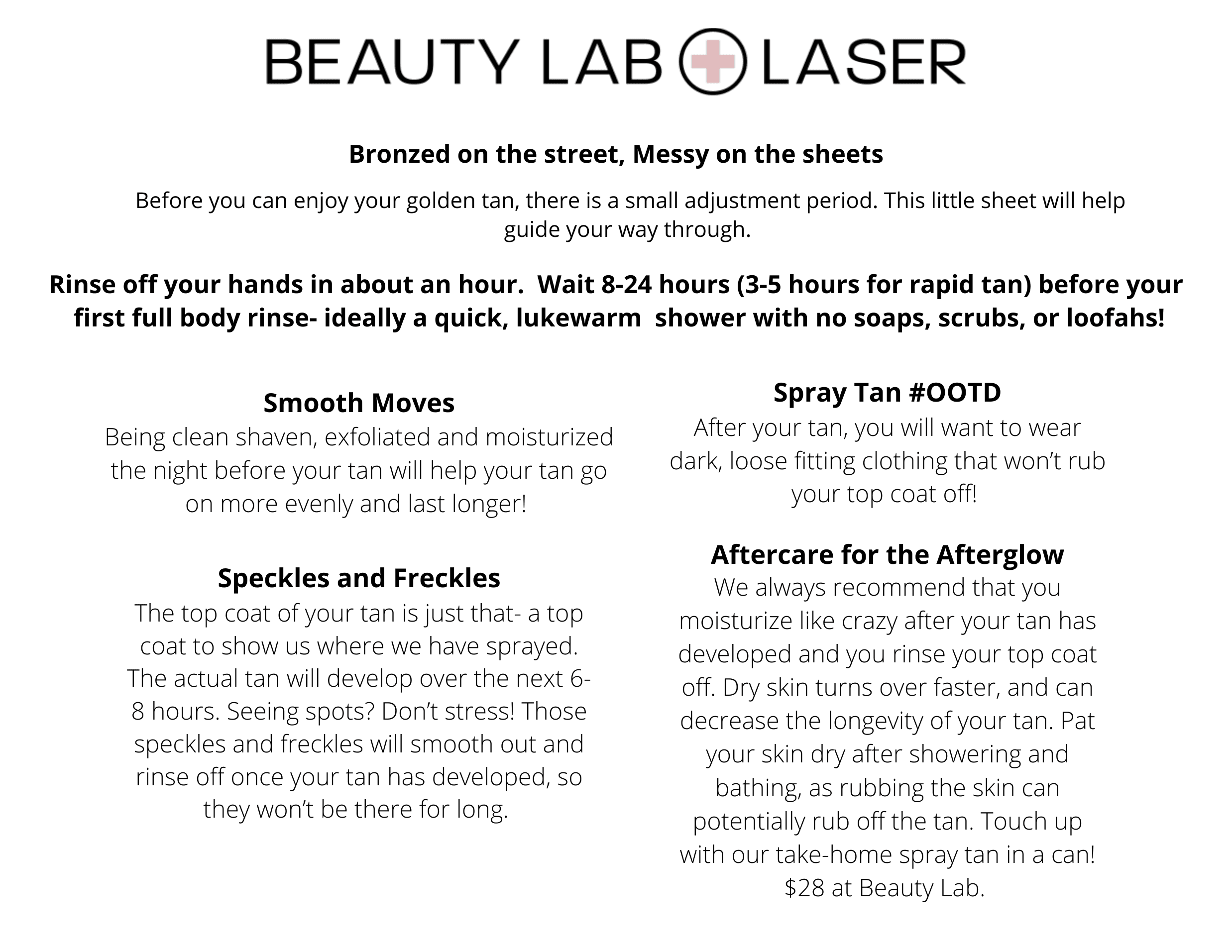 Beauty Lab + Laser Spray Tan after-care instruction sheet