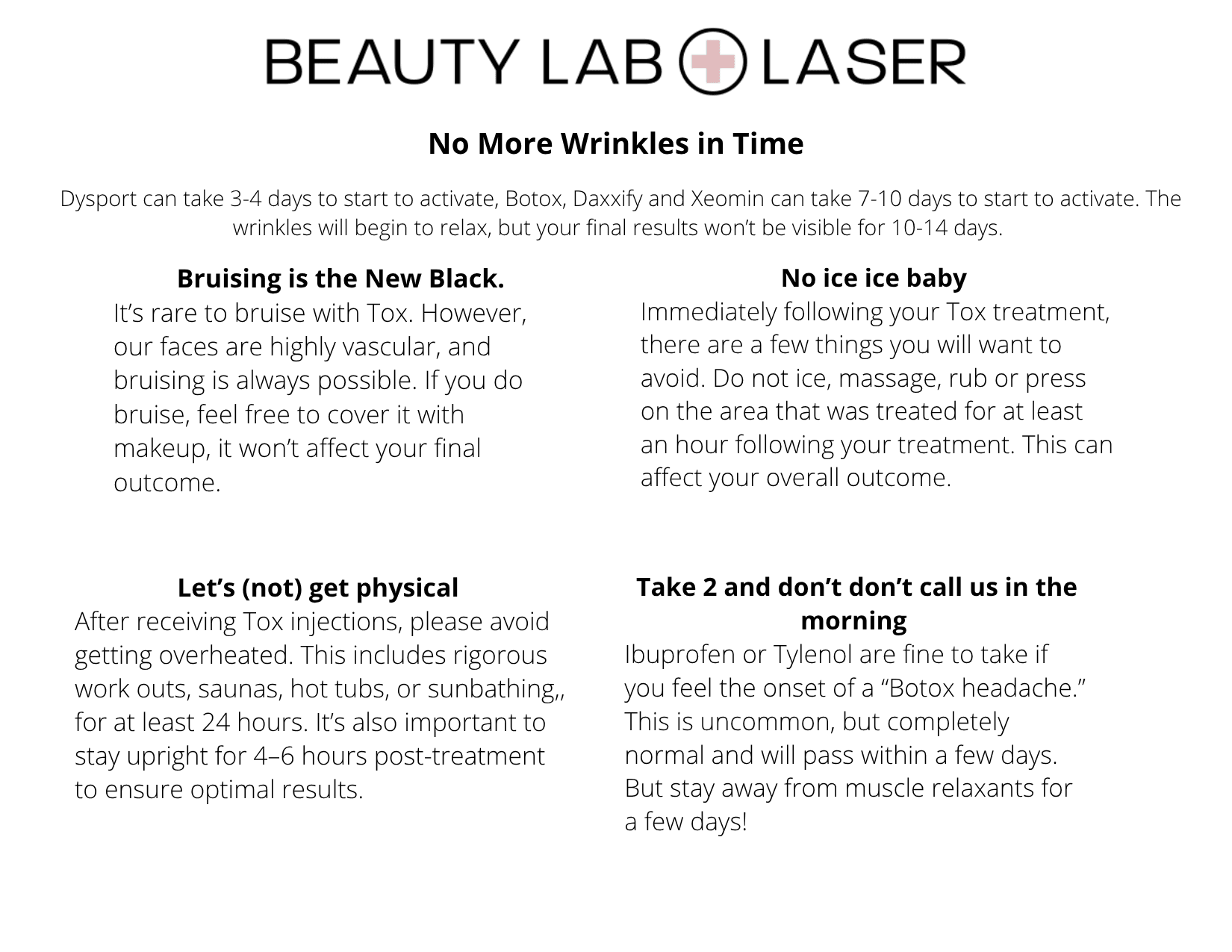Beauty Lab + Laser Tox post-care instruction sheet page 1