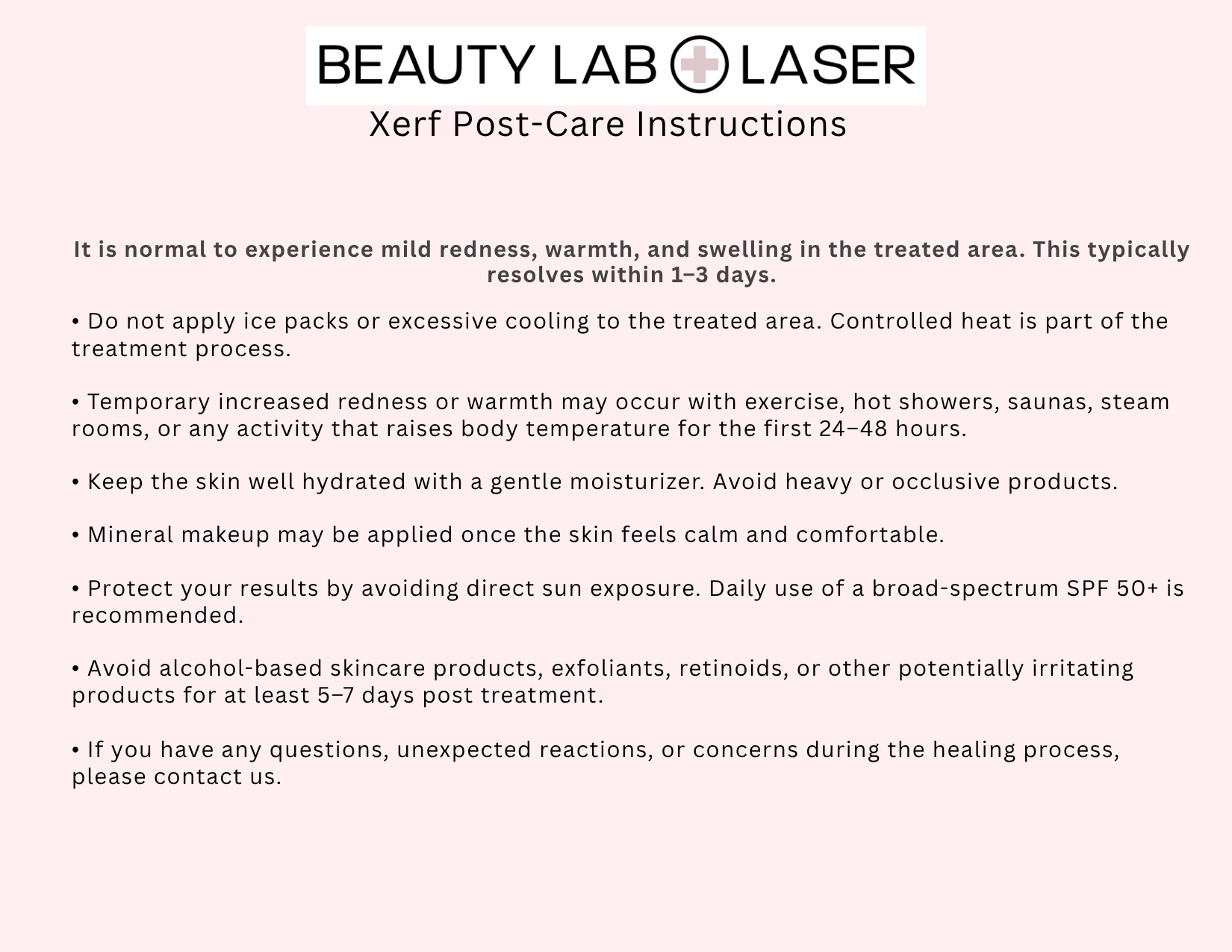 Beauty Lab + Laser XERF post-care instruction sheet