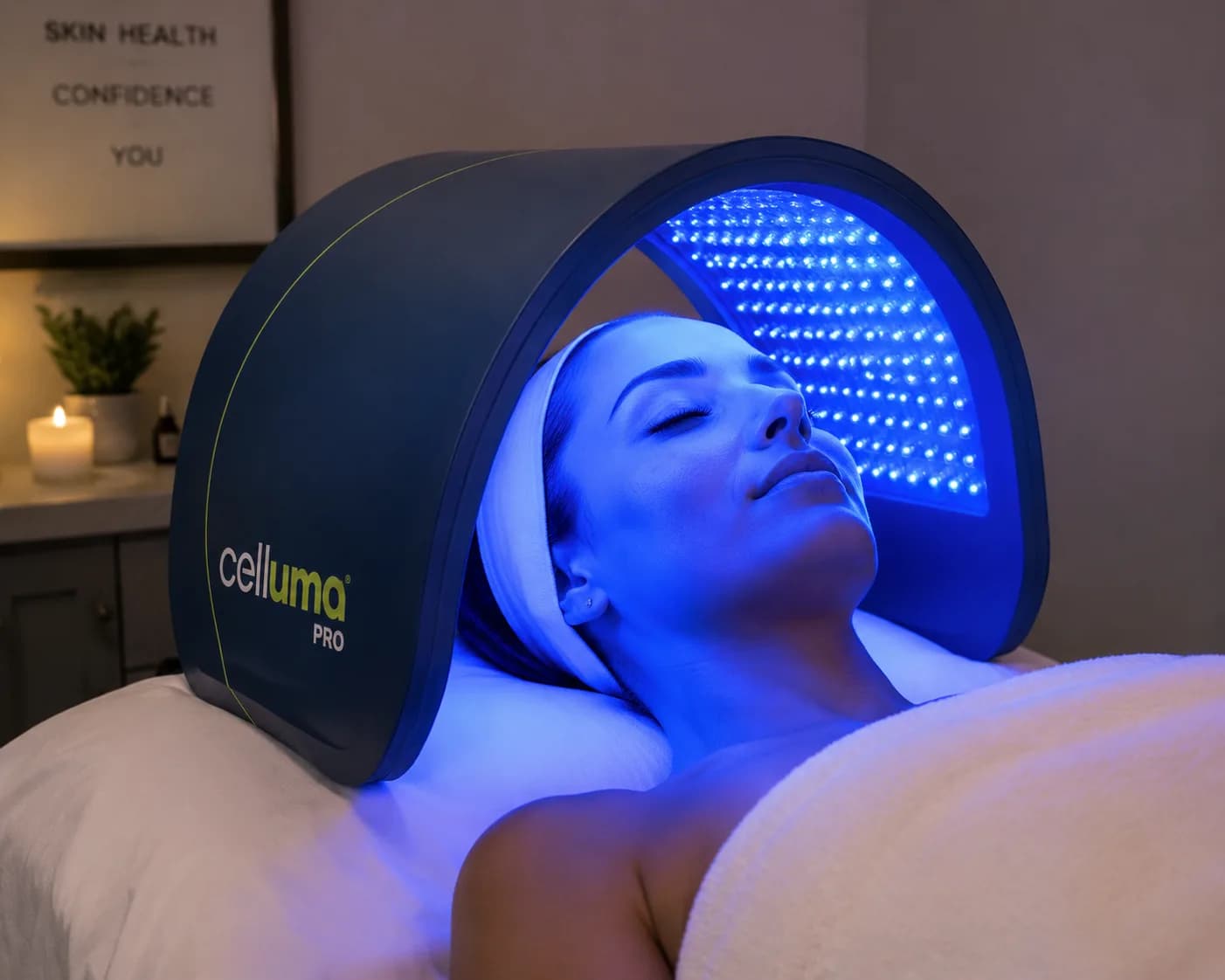 Client receiving Blue Light Special acne facial LED therapy.