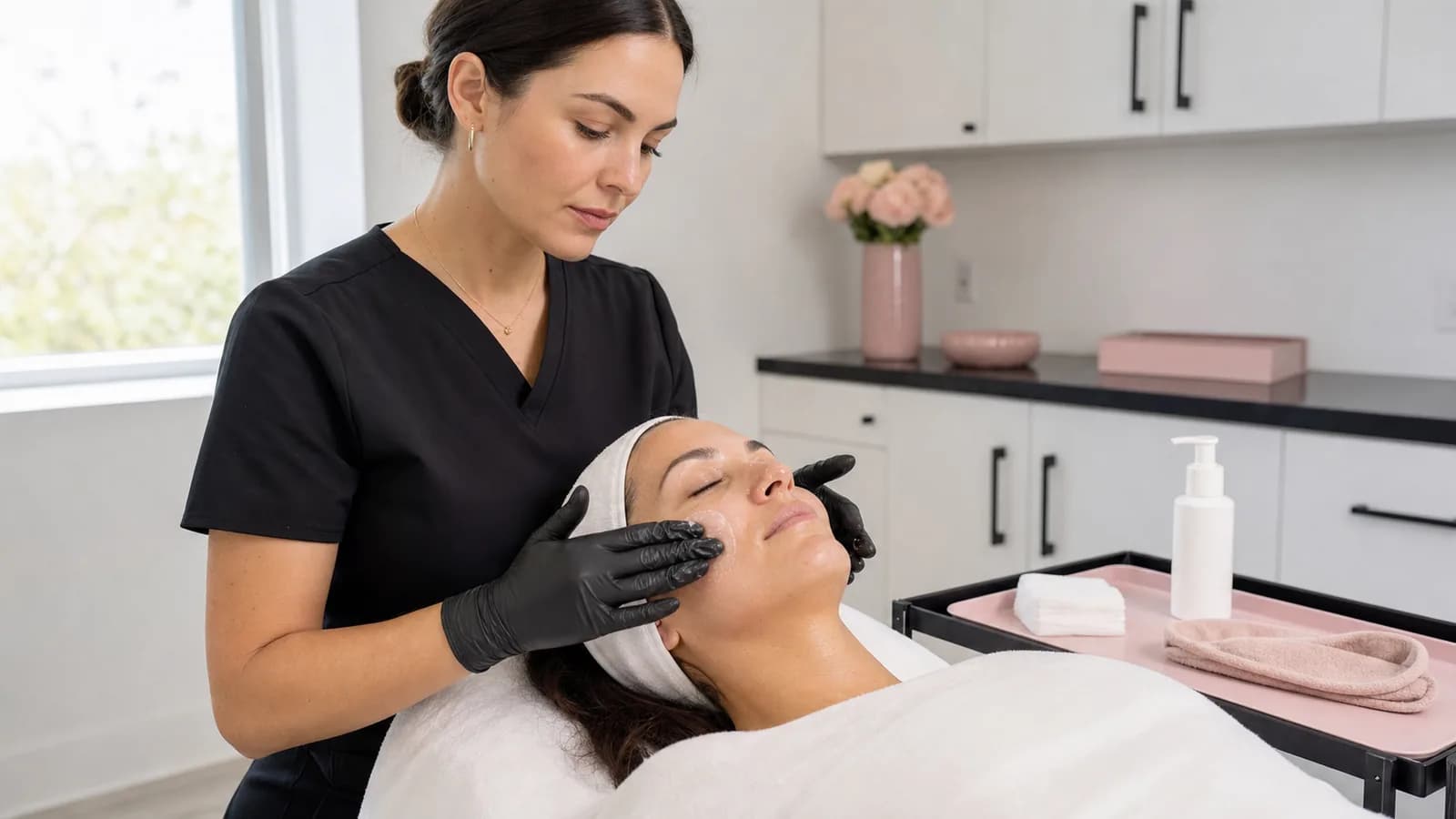 Esthetician applying a hydrating finishing product after a dermaplane facial.