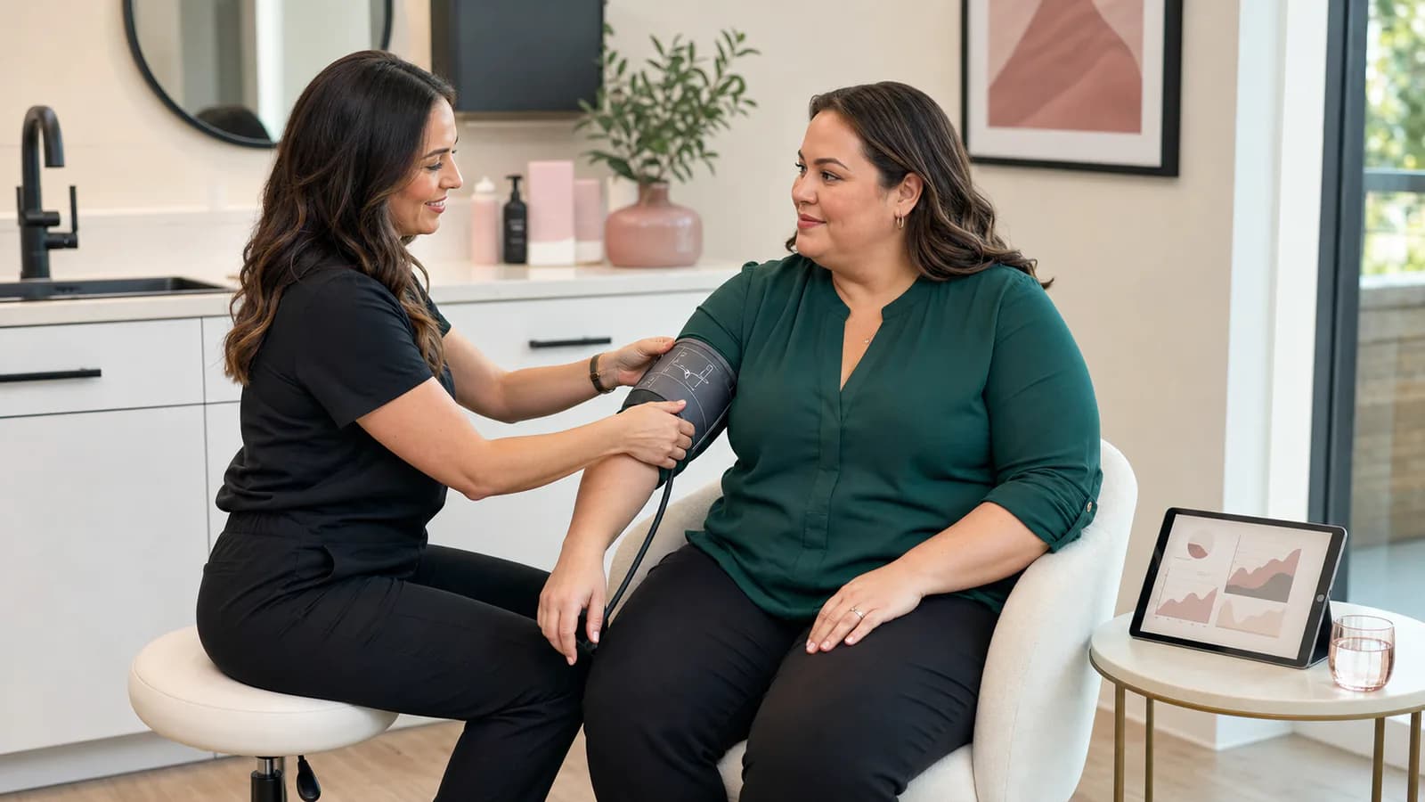 Medical provider checking an adult client's blood pressure during a weight-management follow-up.
