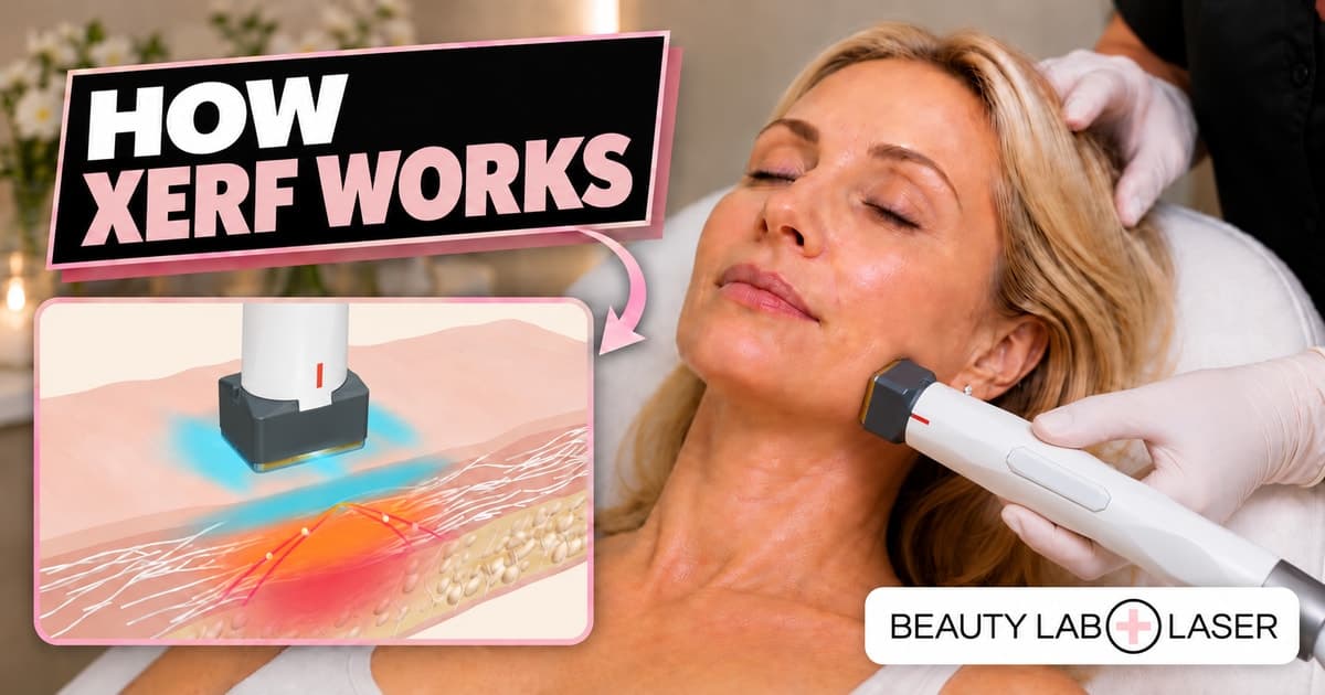 How XERF works: face treatment with an inset illustration of radiofrequency energy and cooling beneath the skin.