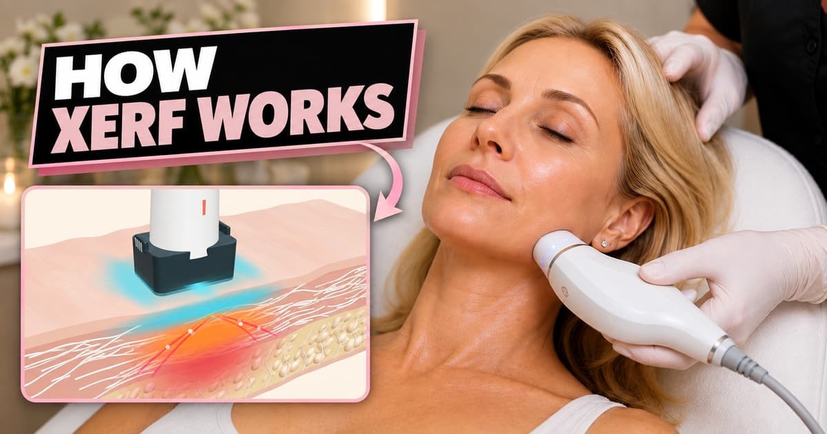 How XERF works: face treatment with an inset illustration of radiofrequency energy and cooling beneath the skin.