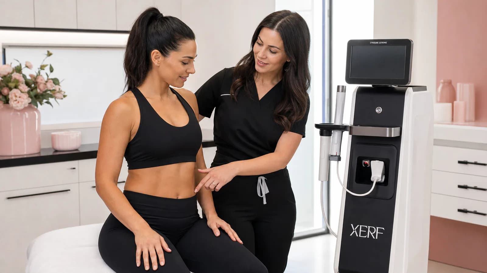 Provider discussing an abdomen treatment plan beside the XERF device.
