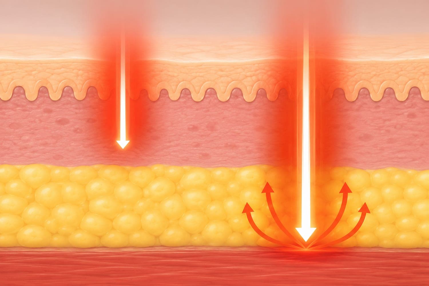 Illustration of XERF radiofrequency energy reaching multiple skin depths.