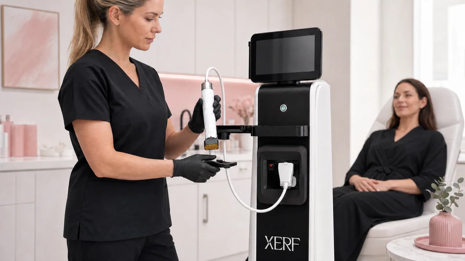 Provider preparing the XERF device and lifting its handpiece before treatment.