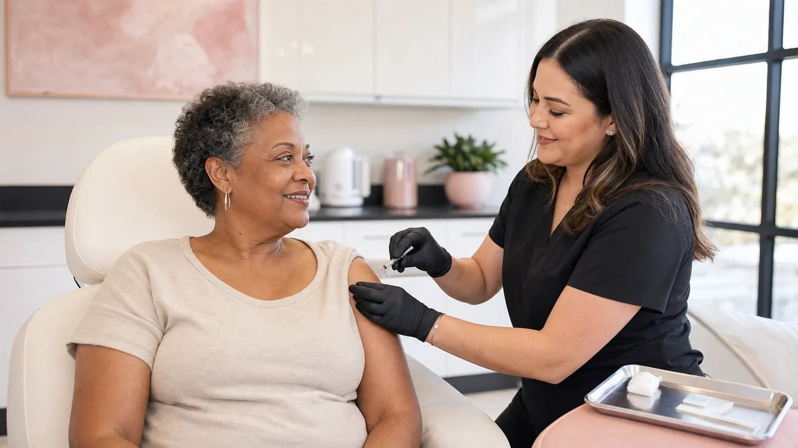 Adult client receiving a routine upper-arm B12 wellness injection from a medical provider.