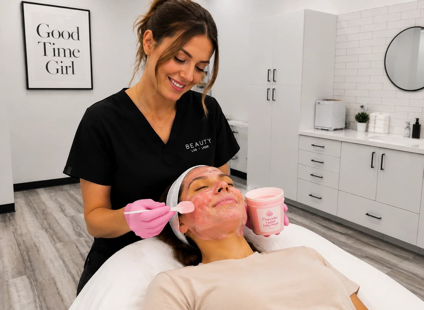 Beauty Lab provider applying the Cupcake Facial jelly mask.