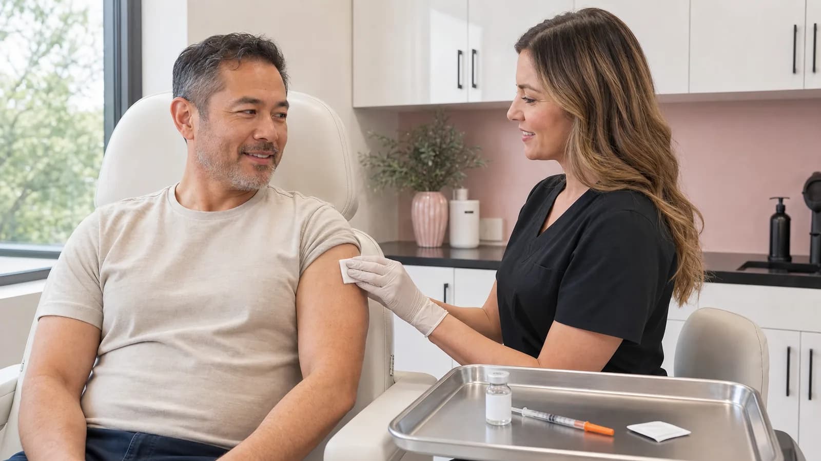 Medical provider applying gauze after an adult client's wellness injection with a second capped supply nearby.