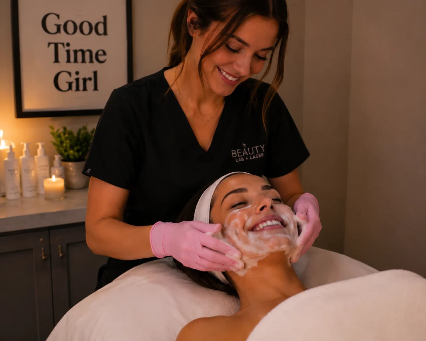 Beauty Lab provider performing the Good Time Girl Facial.