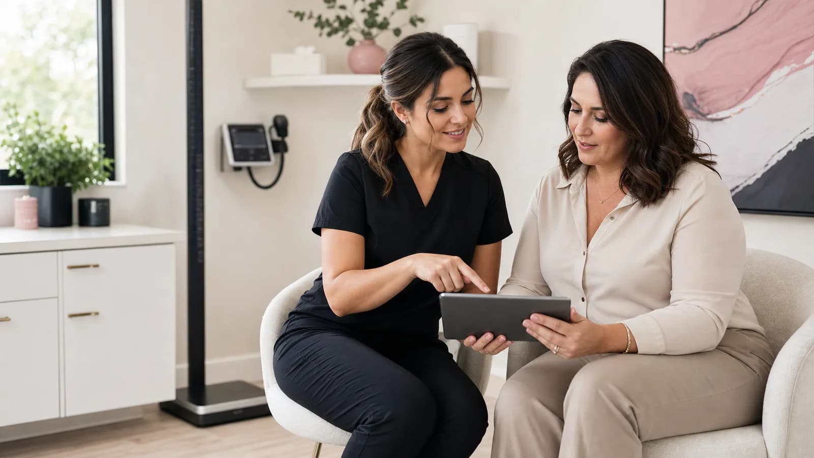 Medical provider reviewing a weight-management health assessment with an adult client.