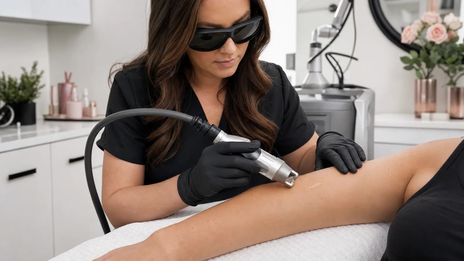 Medical aesthetics provider performing laser treatment on a small healed scar.