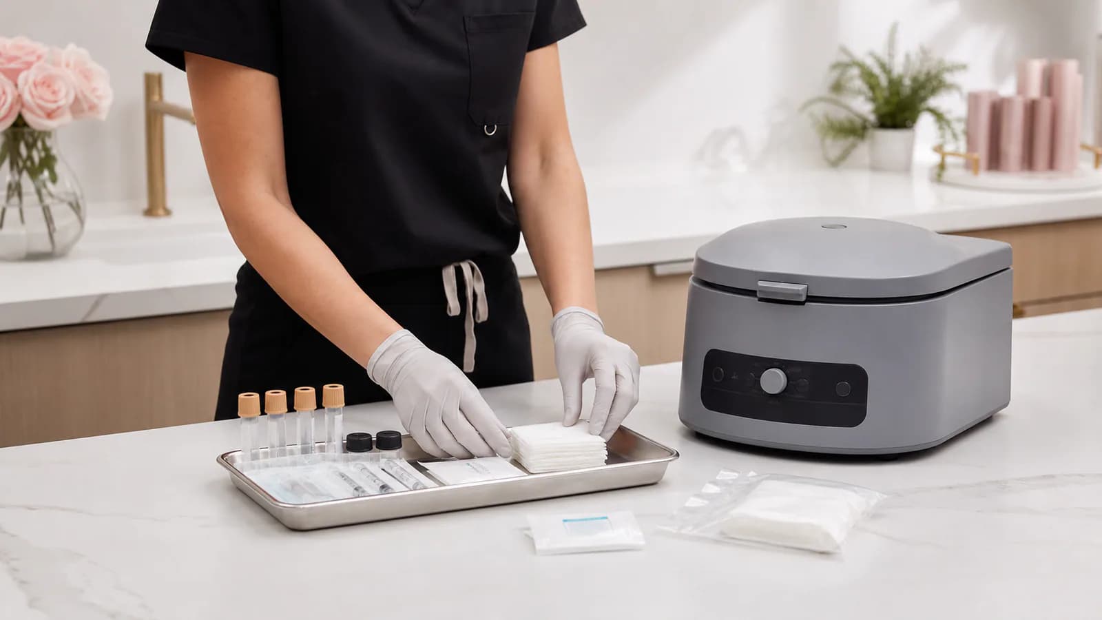 Medical provider preparing a closed platelet-processing centrifuge and sterile supplies.