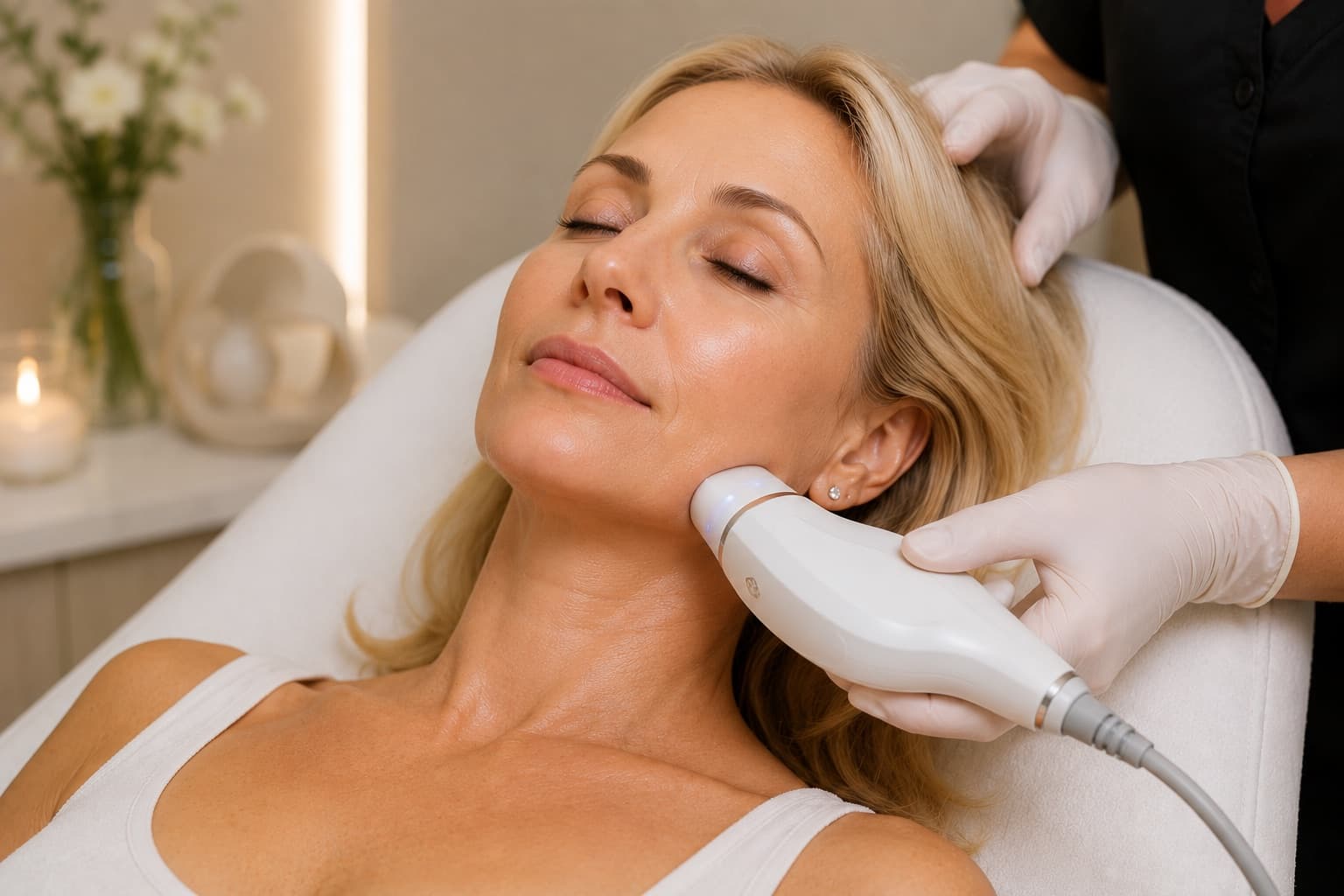 XERF skin tightening treatment along the jawline and neck.