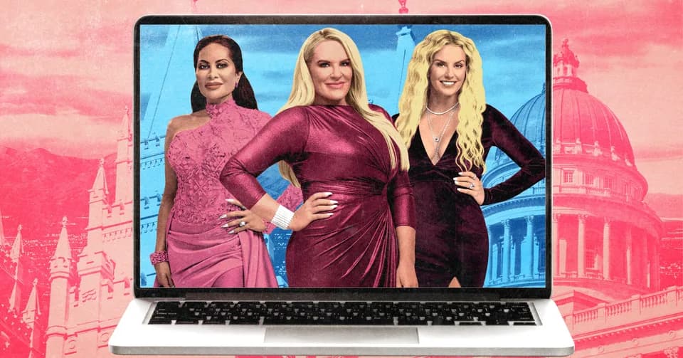 The Ringer photo illustration of RHOSLC cast members on a laptop screen.