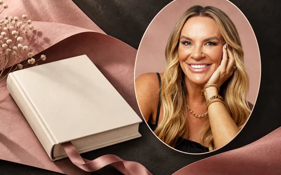 Heather Gay portrait beside a cream book and folded rose paper on a charcoal background.