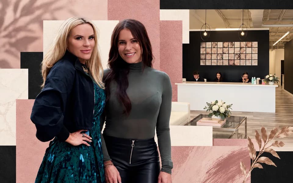 Beauty Lab founders and clinic reception layered with rose, cream, and black editorial shapes.