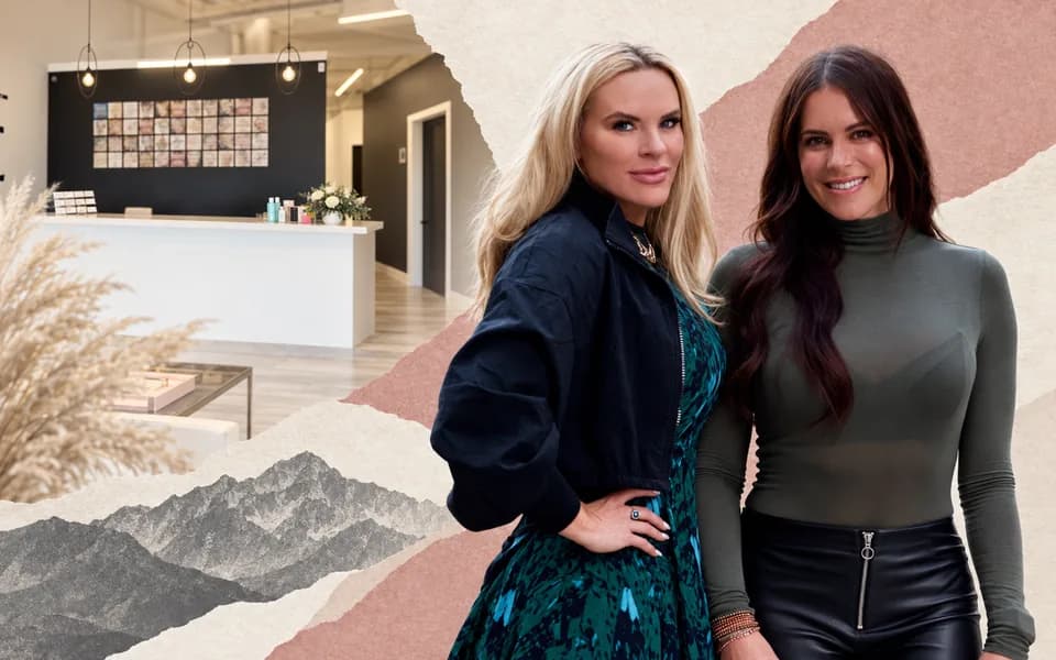 Beauty Lab founders and clinic reception in a rose and cream collage with mountain shapes.