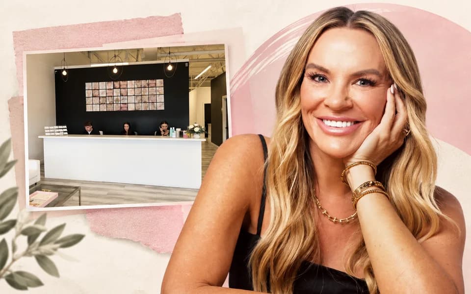 Heather Gay portrait and Beauty Lab reception linked by a blush arc over cream paper.