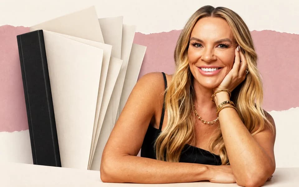 Heather Gay portrait beside fanned cream book pages with a wide dusty rose paper band.