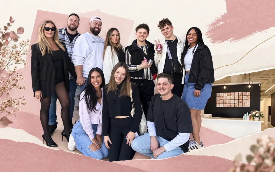 Beauty Lab team photo with a reception inset and rose and cream editorial paper layers.