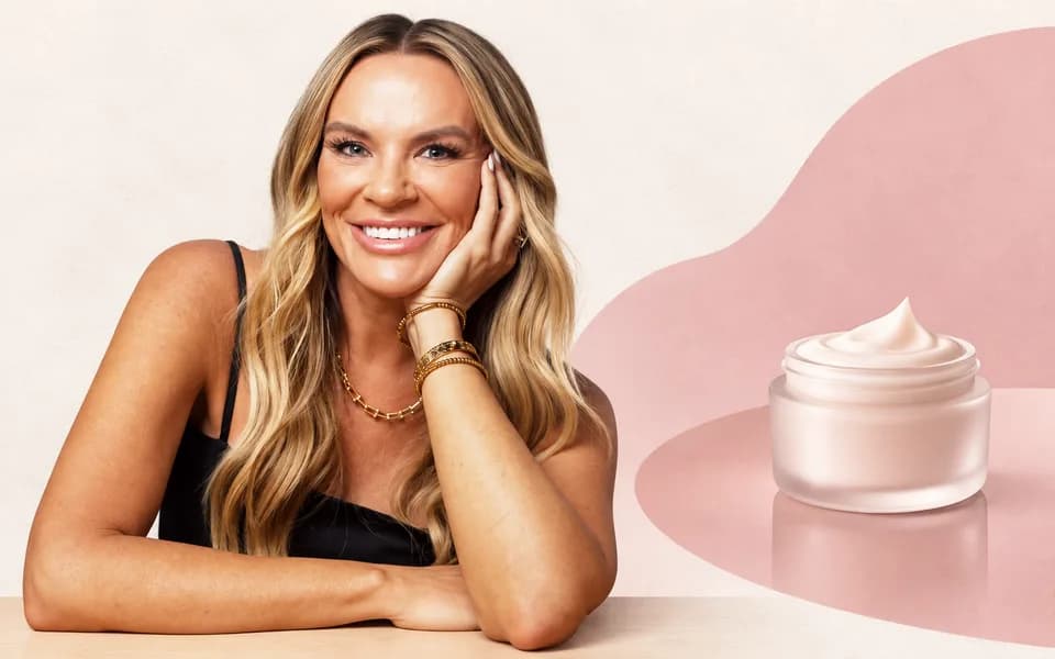 Heather Gay portrait with a cream cosmetic jar and a rounded pink reflection shape.