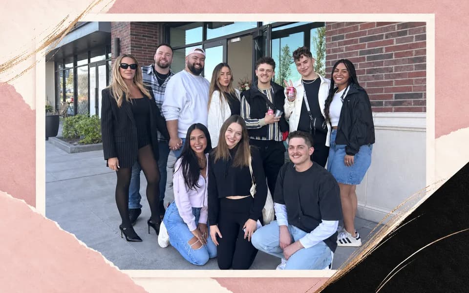 Beauty Lab team photo framed by blush and ivory editorial strips with a black corner.