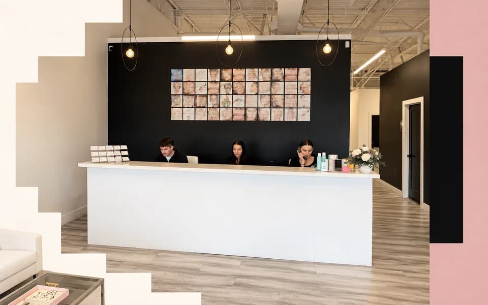 Beauty Lab reception framed by stepped cream paper and a black rectangle on blush pink.
