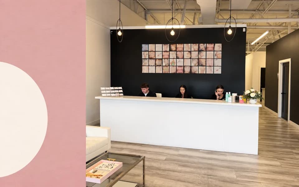 Beauty Lab reception beside a dusty rose panel and an ivory circle in an editorial collage.