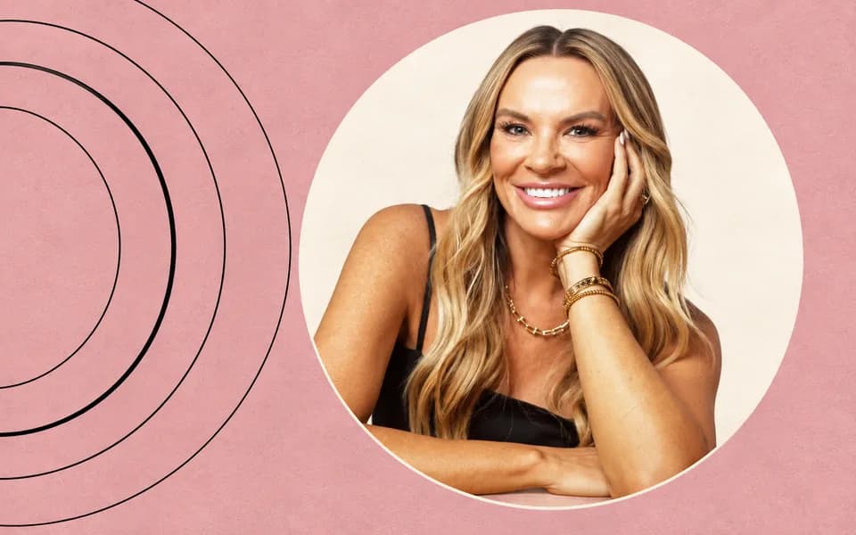 Heather Gay portrait in a cream circle with black concentric rings on dusty rose pink.